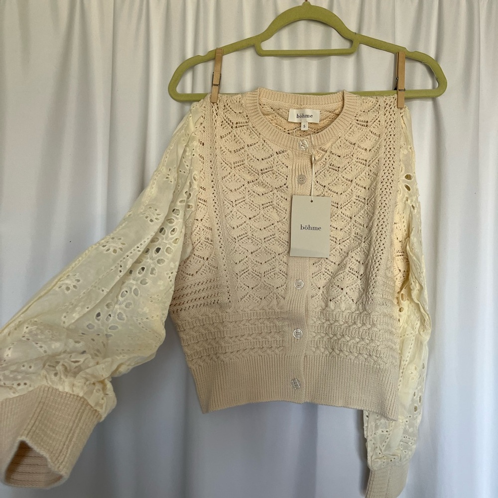 NWT Bohme 100% Cotton Cream Women's Sweater with Eyelet Sleeves